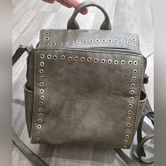 Studded Faux Leather Backpack Satchel Concertible Khaki Y2K Classy Rock Grunge - Picture 1 of 10